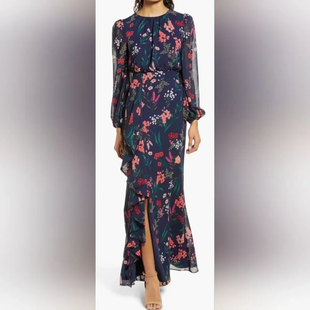 Eliza J Floral Cascade Ruffle Long Sleeve Dress NWOT size 6